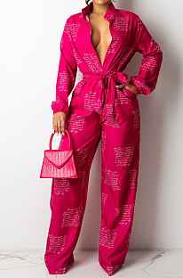 Red Autumn Winter Digital Printing Long Sleeve Cardigan Shirts With Beltband Wide Leg Jumpsuits ARM8309-1