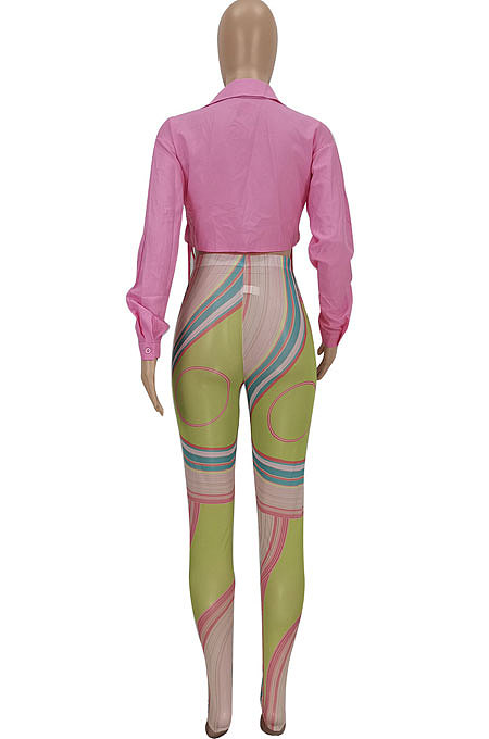 Yellow Long Sleeve Shirts Mesh Spaghetti Printing Pants Sets FFE179-2