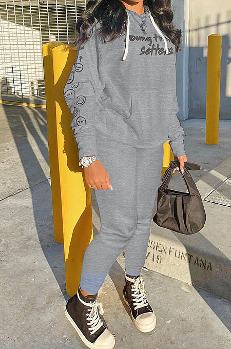 White Wholesale Newest Letter Printing Long Sleeve Loose Hoodie Ankle Banded Pants Sport Sets HT6078-1