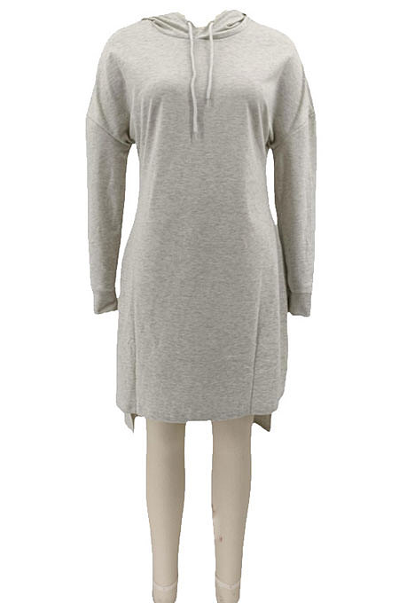 Black Autumn Winter Lady Loose Long Sleeve Solid Color Round Collar Irregular Mini Dress KZ2140-3