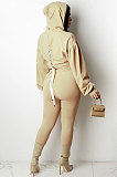 Black Women Sexy Autumn Winter Drawsting Pure Color Crop Tops Pants Sets KZ2143-1