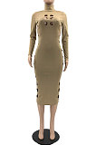 Rose Red Women Hollow Out Solid Color Roudn Collar Mid Waist Long Sleeve Midi Dress JR3658-4