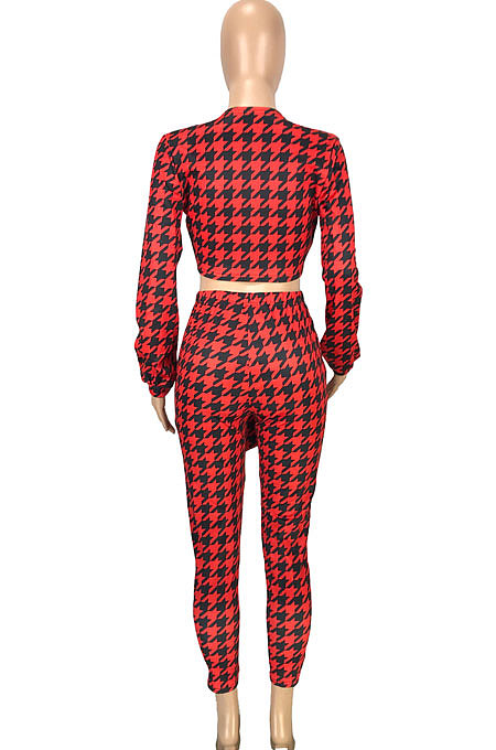 White Casual Plaid Printing Long Sleeve Bandage Tops Pencil Pants Slim Fitting Sets SM9209-3