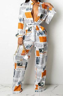 White Autumn Winter Digital Printing Long Sleeve Cardigan Shirts With Beltband Wide Leg Jumpsuits ARM8309-1