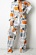 White Autumn Winter Digital Printing Long Sleeve Cardigan Shirts With Beltband Wide Leg Jumpsuits ARM8309-1