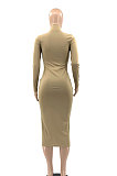 Rose Red Women Hollow Out Solid Color Roudn Collar Mid Waist Long Sleeve Midi Dress JR3658-4