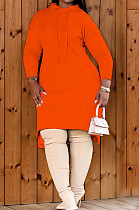 Orange Autumn Winter Lady Loose Long Sleeve Solid Color Round Collar Irregular Mini Dress KZ2140-1