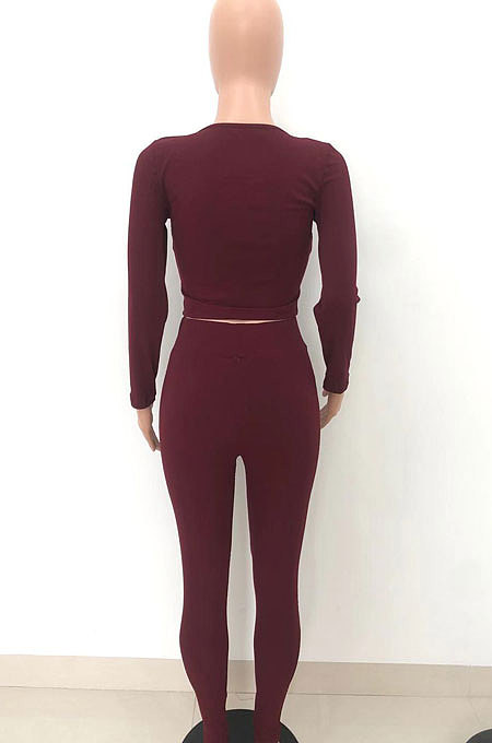 Wine Red Simple Ribber Long Sleeve V Neck Tops Pencil Pants Solid Color Sets HT6075-1