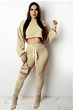 Black Women Sexy Autumn Winter Drawsting Pure Color Crop Tops Pants Sets KZ2143-1