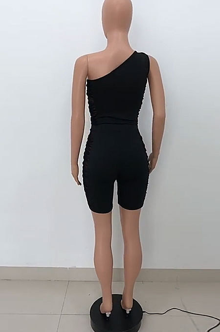 Wine Red Sexy Oblique Shoulder Mesh Spliced Tops Shorts Solid Color Two-Piece HT6073-2