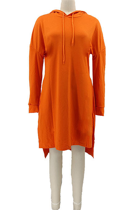 Black Autumn Winter Lady Loose Long Sleeve Solid Color Round Collar Irregular Mini Dress KZ2140-3
