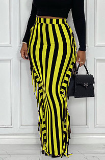 Yellow Euramerican Women Stripe Printing Tassel Pencil Skirts AL188-5