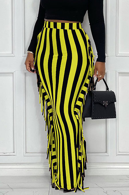 Blue Euramerican Women Stripe Printing Tassel Pencil Skirts AL188-4