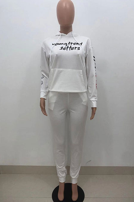White Wholesale Newest Letter Printing Long Sleeve Loose Hoodie Ankle Banded Pants Sport Sets HT6078-1