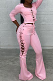 Yellow Fashion Club Eyelet Bandage Long Sleeve Dew Waist Tops Mid Waist Flare Pants Solid Color Sets MLL177-3