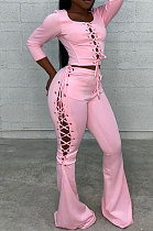 Pink Fashion Club Eyelet Bandage Long Sleeve Dew Waist Tops Mid Waist Flare Pants Solid Color Sets MLL177-3