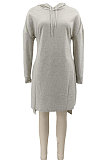Orange Autumn Winter Lady Loose Long Sleeve Solid Color Round Collar Irregular Mini Dress KZ2140-1