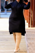 Black Autumn Winter Lady Loose Long Sleeve Solid Color Round Collar Irregular Mini Dress KZ2140-3