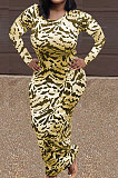 Red Women Round Collar Long Sleeve Printing Tight Sexy Loose Waist Long Dress KZ2142-1