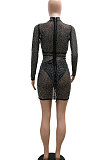 Golden Women Sexy Round Collar Long Sleeve Hollow Out Perspectivity Hot Drilling Skinny Mini Dress CCY9229-2