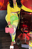 Yellow Long Sleeve Shirts Mesh Spaghetti Printing Pants Sets FFE179-2