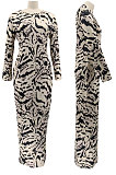 Black Women Round Collar Long Sleeve Printing Tight Sexy Loose Waist Long Dress KZ2142-3