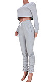 Pink Women Long Sleeve Round Collar Pure Color Crop Ruffle Pants Sets MDF5260-1