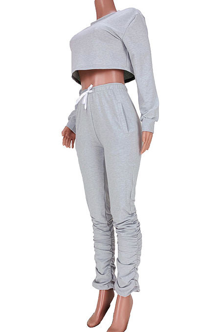 Pink Women Long Sleeve Round Collar Pure Color Crop Ruffle Pants Sets MDF5260-1