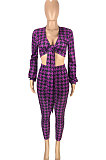 Pureple Casual Plaid Printing Long Sleeve Bandage Tops Pencil Pants Slim Fitting Sets SM9209-1