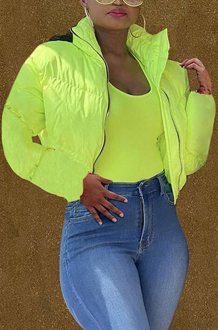 Neon Green Women Long Sleeve Cardigan Zipper Solid Color Keep Warm Down Jacket KZ2141-3