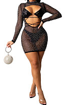 Black Women Sexy Round Collar Long Sleeve Hollow Out Perspectivity Hot Drilling Skinny Mini Dress CCY9229-1