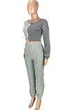 Royal Blue Cotton Blend Casual Spliced Eyelet Bandage Crop Tops High Waist Ankle Banded Pants Sets SM9208-3