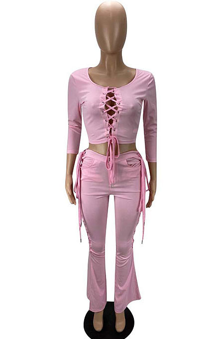 Blue Fashion Club Eyelet Bandage Long Sleeve Dew Waist Tops Mid Waist Flare Pants Solid Color Sets MLL177-1