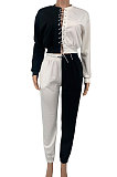 Dark Yellow Women Bandage Eyelet Color Matching Spliced Pants Sets MDF5259-4