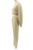 Black Women Sexy Autumn Winter Drawsting Pure Color Crop Tops Pants Sets KZ2143-1