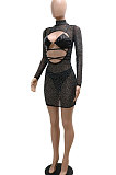 Black Women Sexy Round Collar Long Sleeve Hollow Out Perspectivity Hot Drilling Skinny Mini Dress CCY9229-1