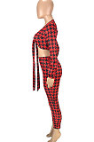 Red Casual Plaid Printing Long Sleeve Bandage Tops Pencil Pants Slim Fitting Sets SM9209-2