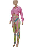 Pink Long Sleeve Shirts Mesh Spaghetti Printing Pants Sets FFE179-1