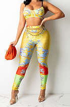 Yellow Sexy Women Fashion Printing Tight Condole Belt Skinny Backless Long Pants Sets CCY9198-1