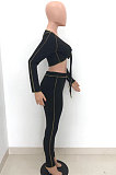 Black Euramerican Pure Color Long Sleeve Bandage Cardigan Strapless Bodycon Pants Sets HT6076-1