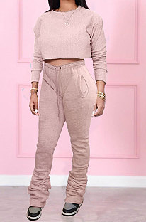 Pink Women Long Sleeve Round Collar Pure Color Crop Ruffle Pants Sets MDF5260-1