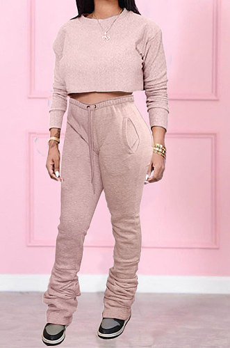 Pink Women Long Sleeve Round Collar Pure Color Crop Ruffle Pants Sets MDF5260-1