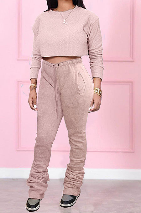 Pink Women Long Sleeve Round Collar Pure Color Crop Ruffle Pants Sets MDF5260-1