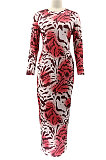 Black Women Round Collar Long Sleeve Printing Tight Sexy Loose Waist Long Dress KZ2142-3