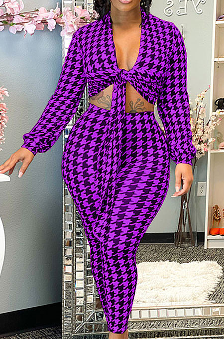 Pureple Casual Plaid Printing Long Sleeve Bandage Tops Pencil Pants Slim Fitting Sets SM9209-1