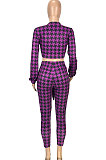 Pureple Casual Plaid Printing Long Sleeve Bandage Tops Pencil Pants Slim Fitting Sets SM9209-1