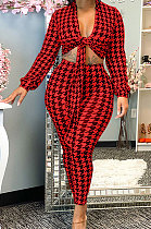 Red Casual Plaid Printing Long Sleeve Bandage Tops Pencil Pants Slim Fitting Sets SM9209-2