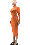 Rose Red Women Hollow Out Solid Color Roudn Collar Mid Waist Long Sleeve Midi Dress JR3658-4