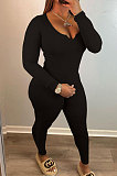 Apricot Simple Ribber Long Sleeve V Neck Tops Pencil Pants Solid Color Sets HT6075-4