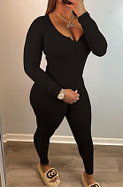 Black Simple Ribber Long Sleeve V Neck Tops Pencil Pants Solid Color Sets HT6075-2